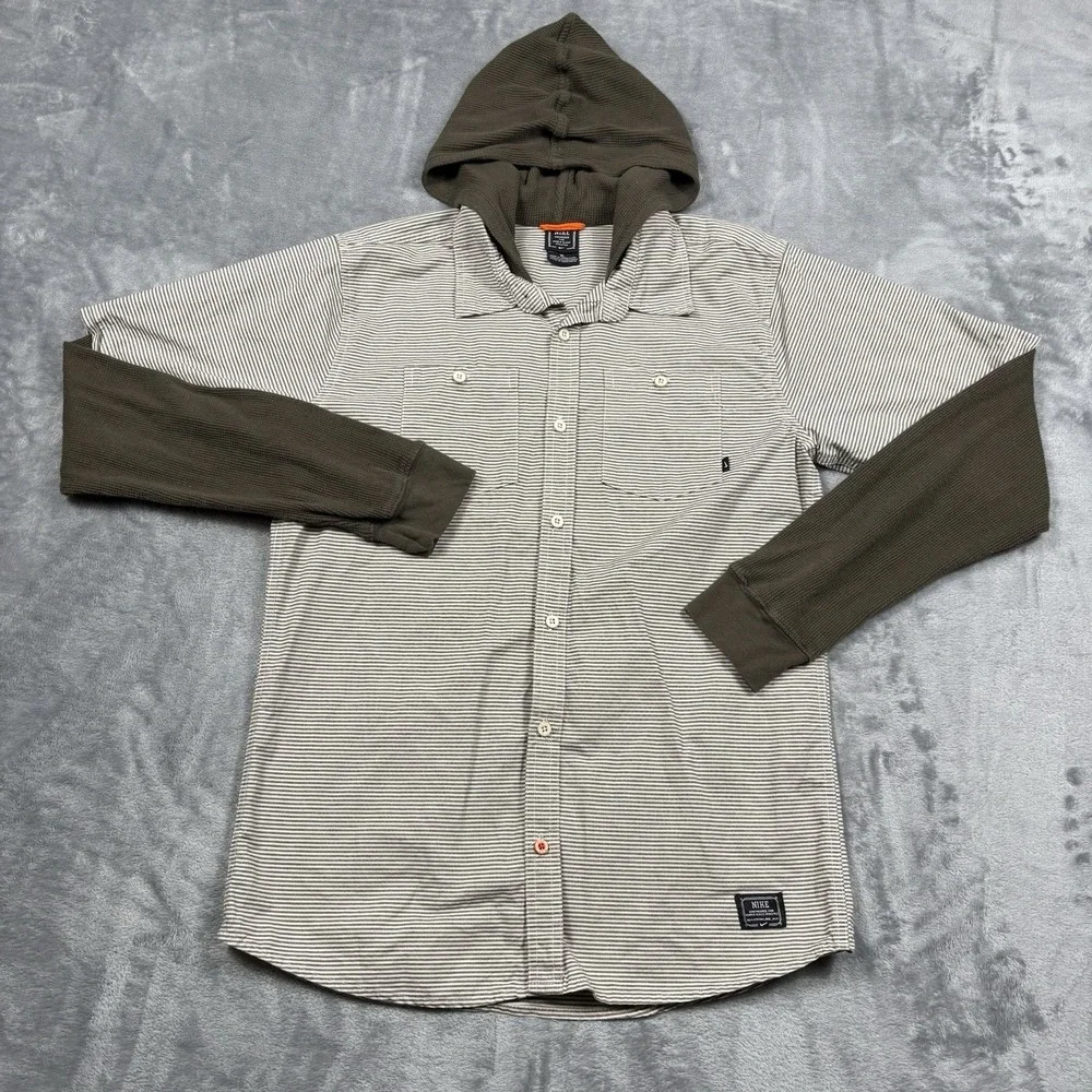 Nike 6.0 Hooded Button Shirt Youth XL Gray Striped Thermal Sleeve Skate EUC